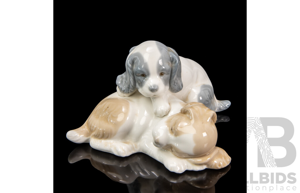 Two NAO by Lladro Porcelain Figurine of Girl Feeding Goose and Two Puppies