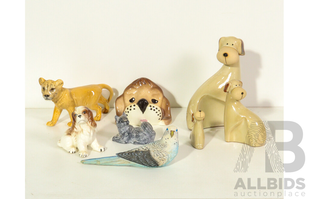 Collection of Porcelain Animals Including Dogs, Lion Cub and Resin Blue Budgie Bird