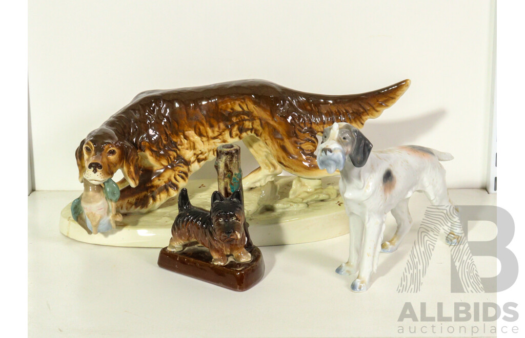 Three Porcelain Dogs Including a Pointer, Terrier and Irish Setter with Duck in Mouth