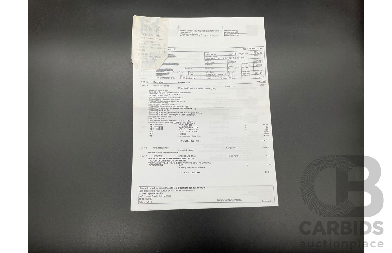 01/2016 Renault Captur Expression (FWD) J87 4d Wagon Ivory White Turbo 1.2L