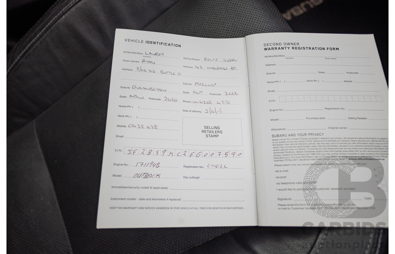 05/2015 Subaru Outback 2.5i Premium (AWD) MY15 4D Wagon Red 2.5L