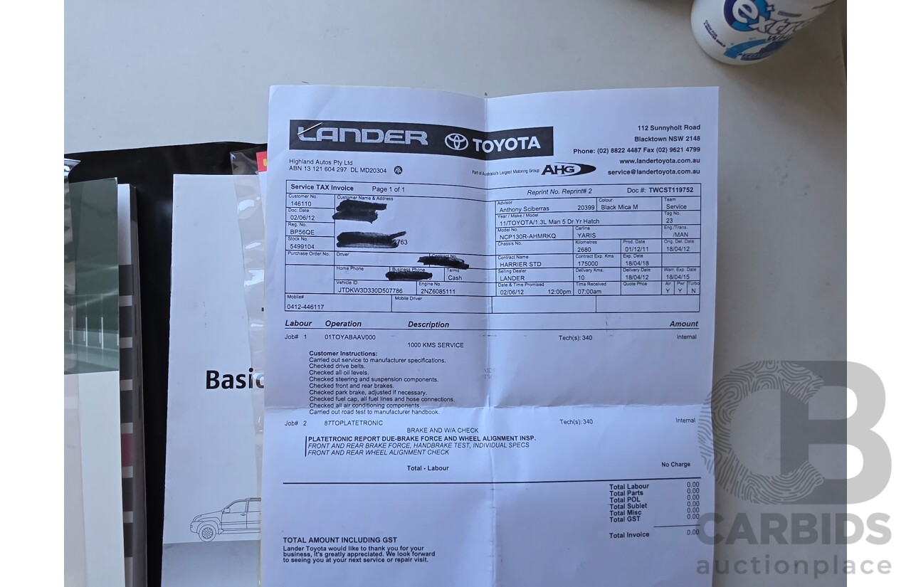 12/2011 Toyota Yaris YR NCP130R 5d Hatchback Black 1.3L