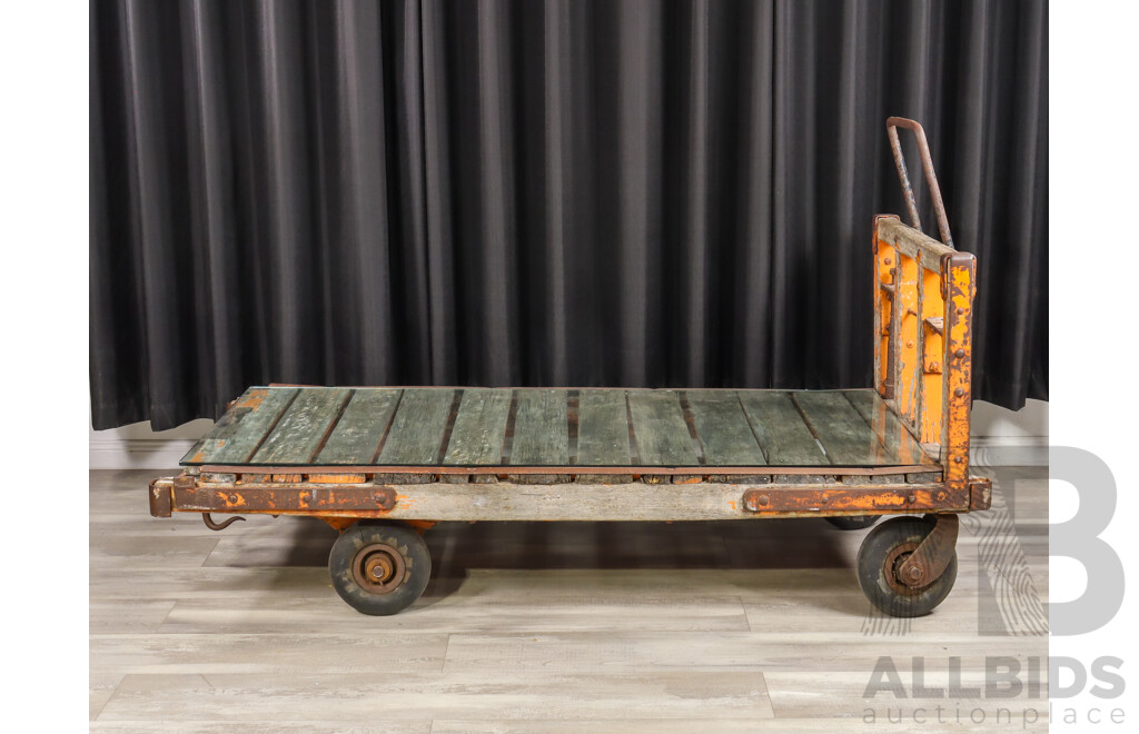Vintage Cast Iron Railway Luggage Trolley with Original Timber Top