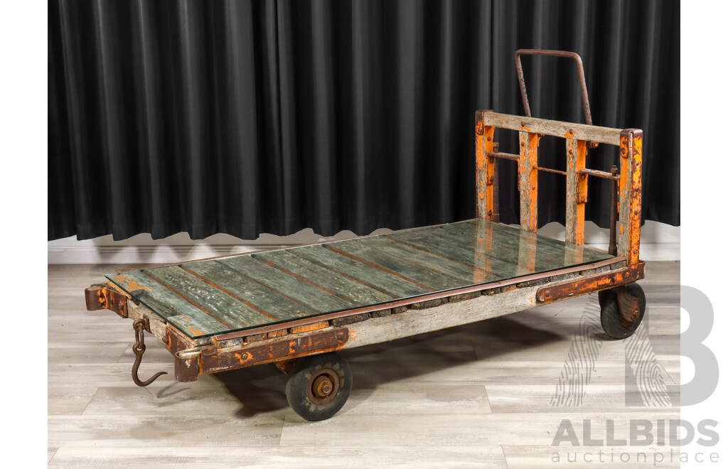 Vintage Cast Iron Railway Luggage Trolley with Original Timber Top