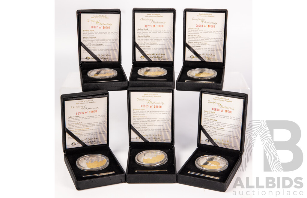 Sands of Gallipoli 90th Anniversary 1915-2005 Medallion Set Finished in Silver and Gold, Leaving Australia Battle of Lone Pine, Gallipoli Landing, Training in Egypt, Battle of the Nek, Retreating with Honour