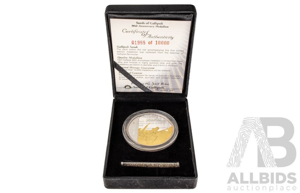 Sands of Gallipoli 90th Anniversary 1915-2005 Medallion Set Finished in Silver and Gold, Leaving Australia Battle of Lone Pine, Gallipoli Landing, Training in Egypt, Battle of the Nek, Retreating with Honour