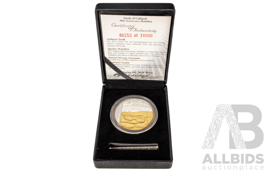Sands of Gallipoli 90th Anniversary 1915-2005 Medallion Set Finished in Silver and Gold, Leaving Australia Battle of Lone Pine, Gallipoli Landing, Training in Egypt, Battle of the Nek, Retreating with Honour