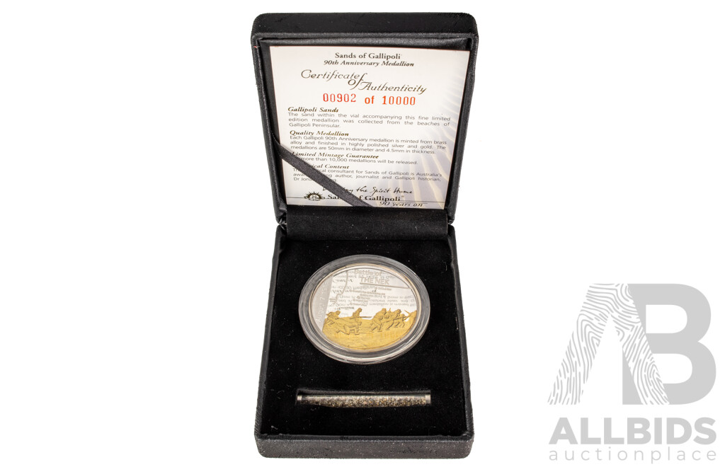 Sands of Gallipoli 90th Anniversary 1915-2005 Medallion Set Finished in Silver and Gold, Leaving Australia Battle of Lone Pine, Gallipoli Landing, Training in Egypt, Battle of the Nek, Retreating with Honour