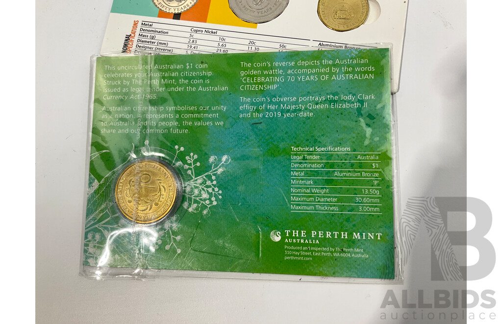 Australian RAM 2016 UNC Six Coin Set, Fifty Years of Decimal Currency with Perth Mint 2019 One Dollar, 70 Years of Australian Citizenship