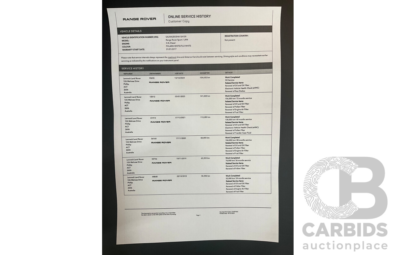 01/2017 Land Rover Range Rover Sport 3.0 TDV6 SE (AWD) LW MY17 4d Wagon Fuji White Turbo Diesel V6 3.0L
