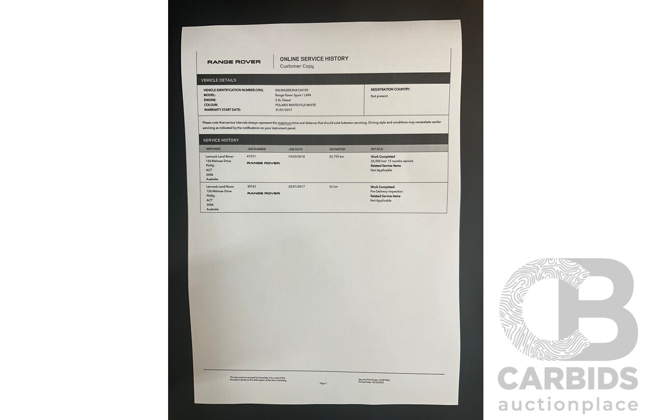 01/2017 Land Rover Range Rover Sport 3.0 TDV6 SE (AWD) LW MY17 4d Wagon Fuji White Turbo Diesel V6 3.0L