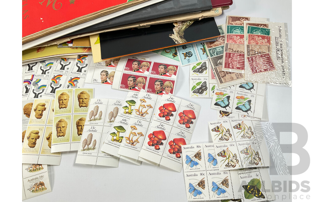 Collection of Australian Mint Stamp Blocks Including Predecimal, Sets,Vintage Fire Engines, Gold Rush, Butterflies, Fungi, Two Dollar Painting Series Block, 1980's Stamp Packs, Russian and International Albums