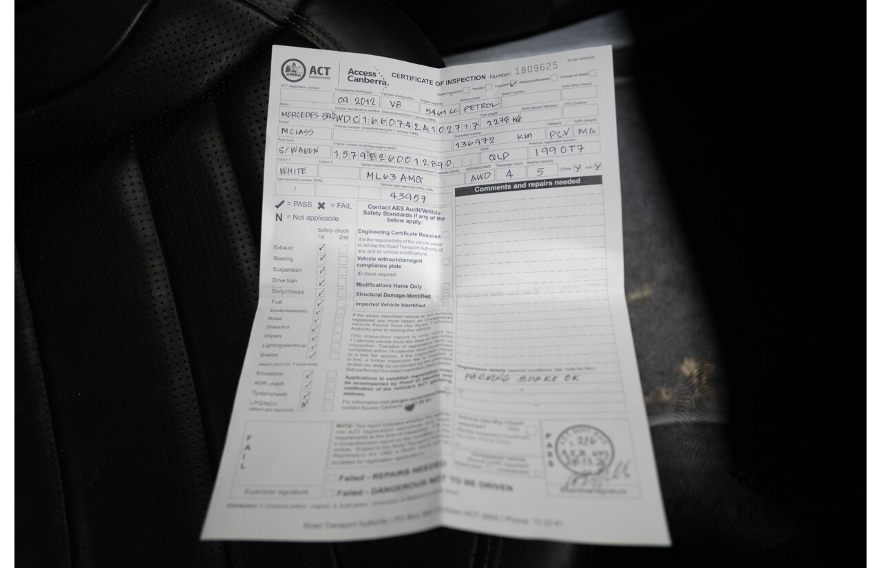 9/2012 Mercedes-Benz ML63 AMG (AWD) 166 4D Wagon Diamond White Twin Turbo V8 5.5L