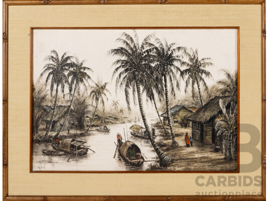 Artists Unknown (20th Century, Asian School), Junks on Water & Fishing Village, Pair of Lovely Vintage Original Oils on Canvas Boards, 51 x 67 cm (frames) (2)