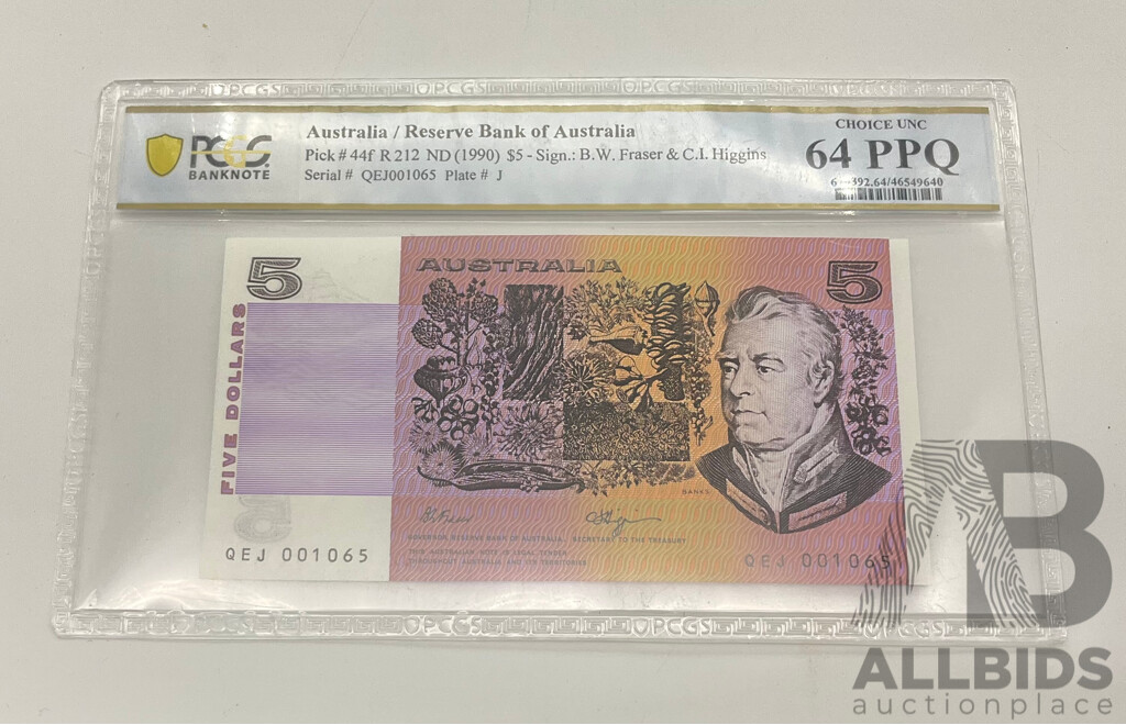1990 R212 Choice UNC Fraser Higgins $5 Note QEJ 001065.