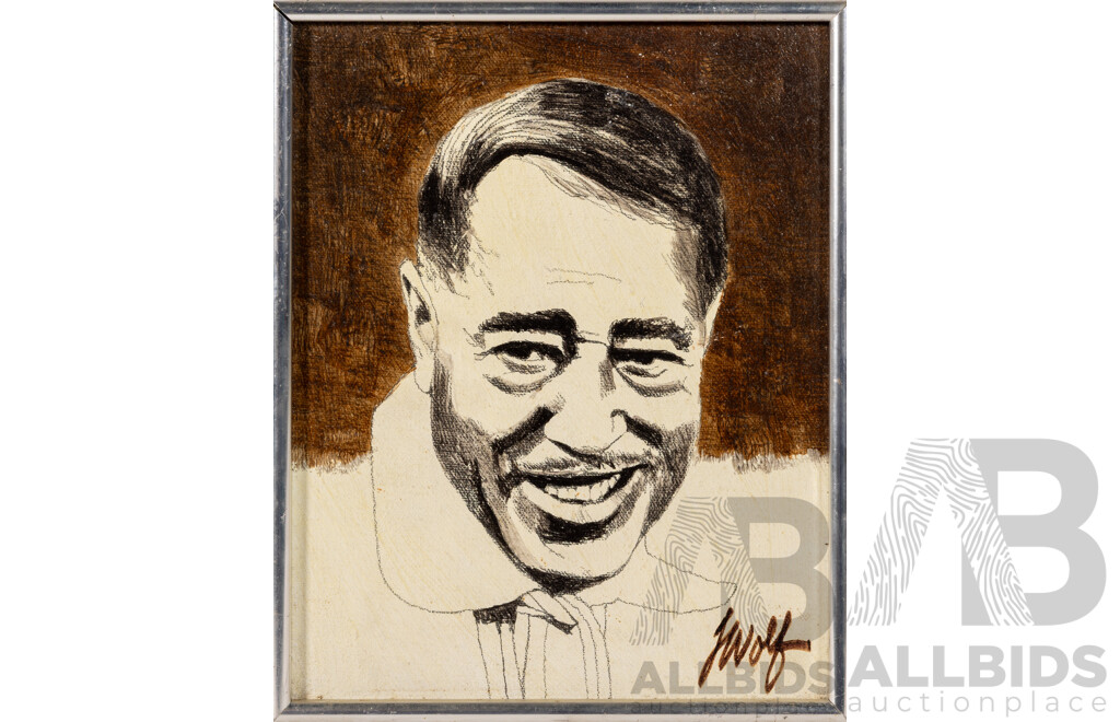 (Possibly) J. Wolf, (20th Century), John Wayne, Liza Minnelli, Judy Garland, Charlie Chaplin, Groucho Marx & Cab Calloway, Set of Six Vintage Miniature Original Portraits, Ink & Oil on Canvas, 26 x[ 21 cm (approx frames) (6)