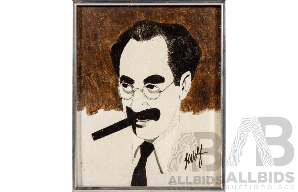 (Possibly) J. Wolf, (20th Century), John Wayne, Liza Minnelli, Judy Garland, Charlie Chaplin, Groucho Marx & Cab Calloway, Set of Six Vintage Miniature Original Portraits, Ink & Oil on Canvas, 26 x[ 21 cm (approx frames) (6)