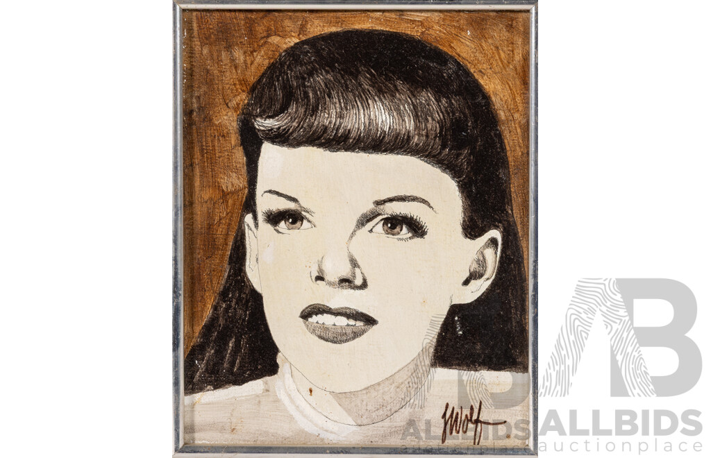 (Possibly) J. Wolf, (20th Century), John Wayne, Liza Minnelli, Judy Garland, Charlie Chaplin, Groucho Marx & Cab Calloway, Set of Six Vintage Miniature Original Portraits, Ink & Oil on Canvas, 26 x[ 21 cm (approx frames) (6)