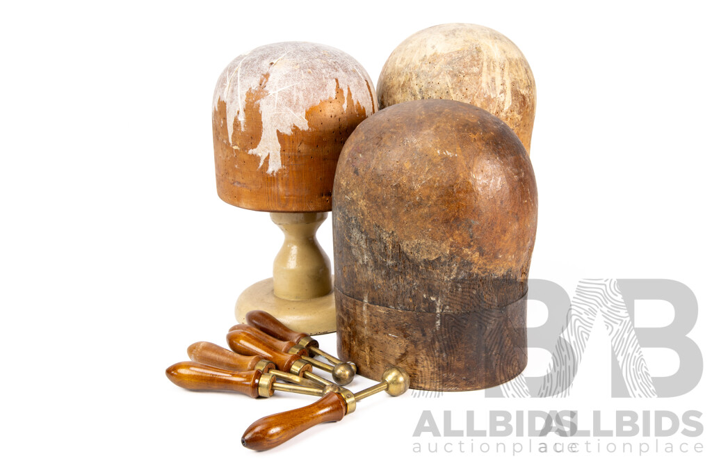 Good Collection Vintage Wooden Hat Blocks Including Light Wood Godfreys Sydney Huon Pine Example ALong with Collection Vintage Millinery Tools