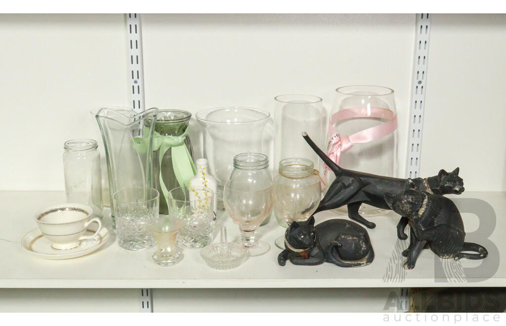 Collection of Glass Vases, Jars, Tumblers and Wine Glasses with Three Resin Cats