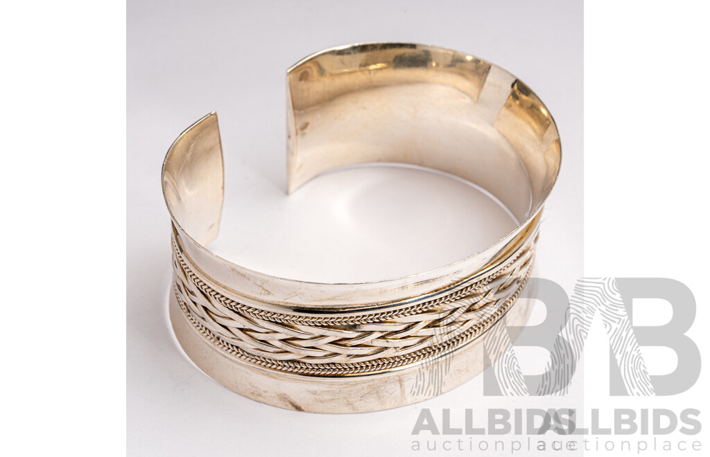 Sterling Silver Vintage Patterned Open Cuff Bangle, 68mm Diameter, 52.72 Grams