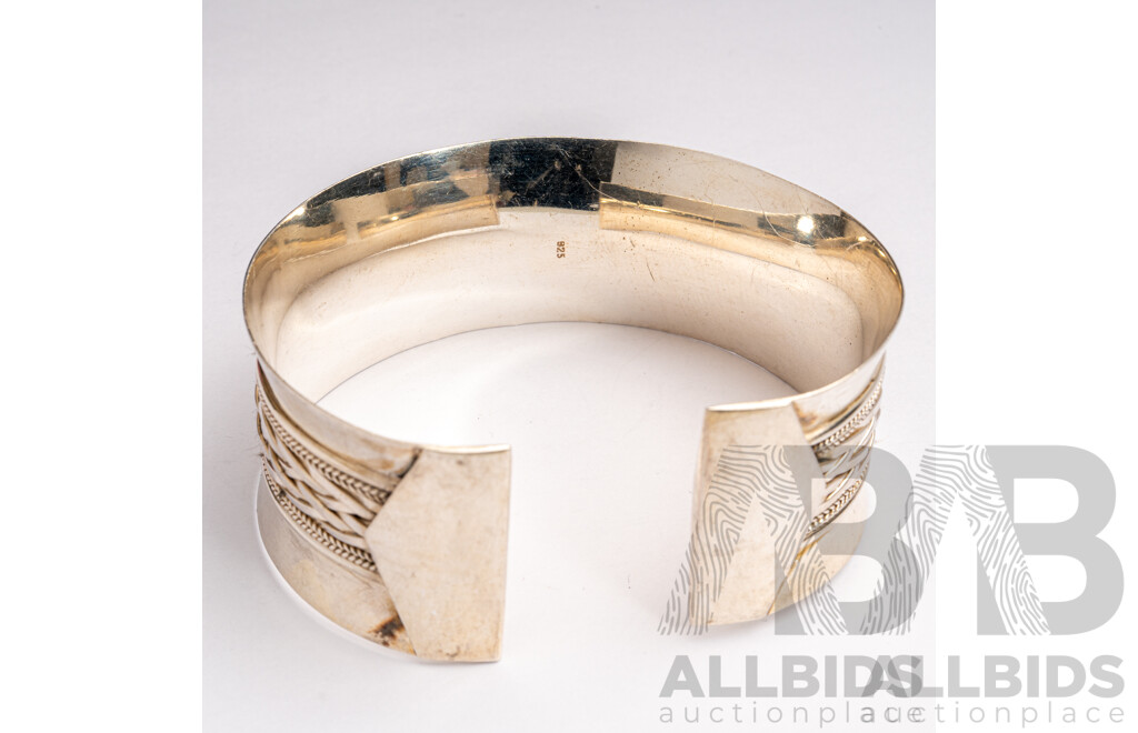 Sterling Silver Vintage Patterned Open Cuff Bangle, 68mm Diameter, 52.72 Grams