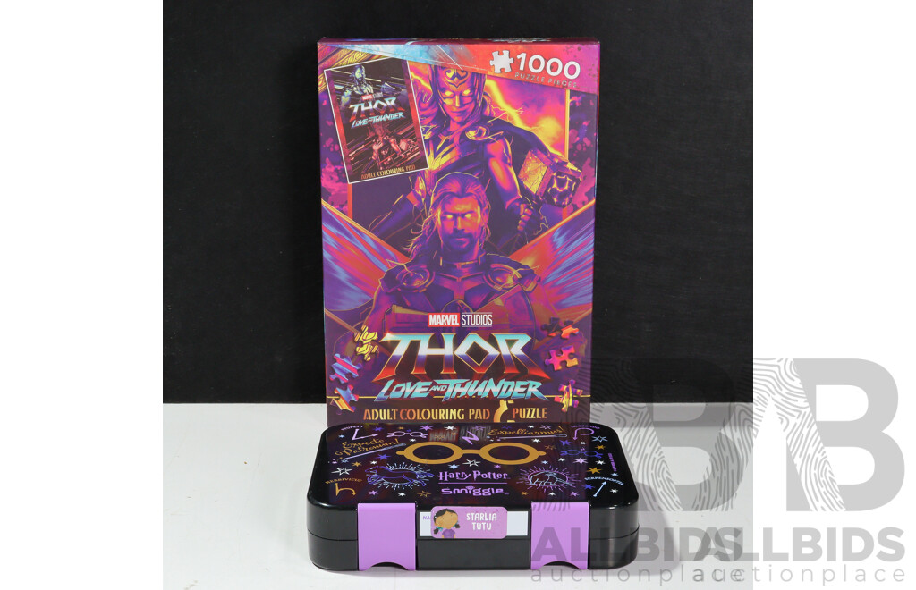 Marvel Studios Thor Love and Thunder Adult Colouring Pad and 1000 Piece Puzzle with Smiggle Harry Potter Stationary Box