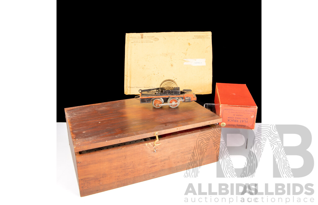 Timber Box of Vintage Meccano Pulleys, Wheels, Chain, Brackets with Boxed Hornby O Gauge Flat Truck with Cable Drum and Steam Locomotive Chassis
