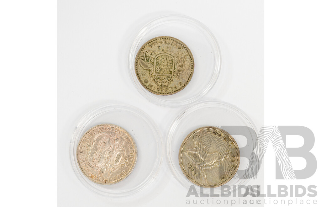 Three Australian Silver Florins, 1927 and 1954 Commemorative, 1958