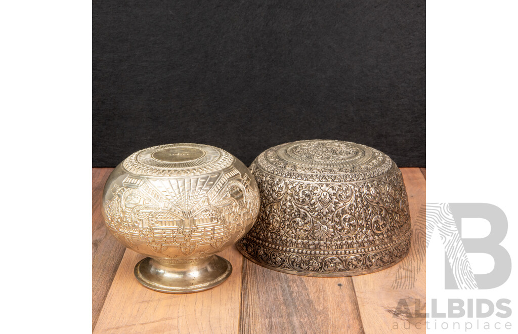 Cambodian Pressed Bud Vase with Burmese Silver Plate Offering Bowl