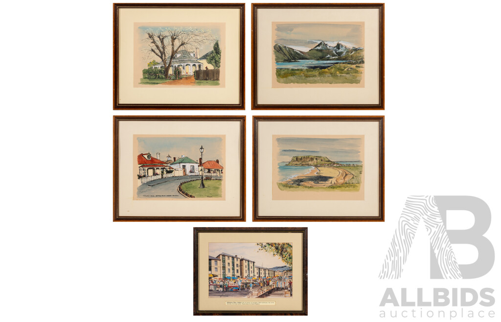 Cheyne & David Hopkins (Australian, 20th Century), Salamanca Place, Hobart; Dove Lake, Cradle Mountain, Tas & More, Selection of Five Works Original Framed Watercolours, 30 x 36 cm (largest frames X 4) (5)