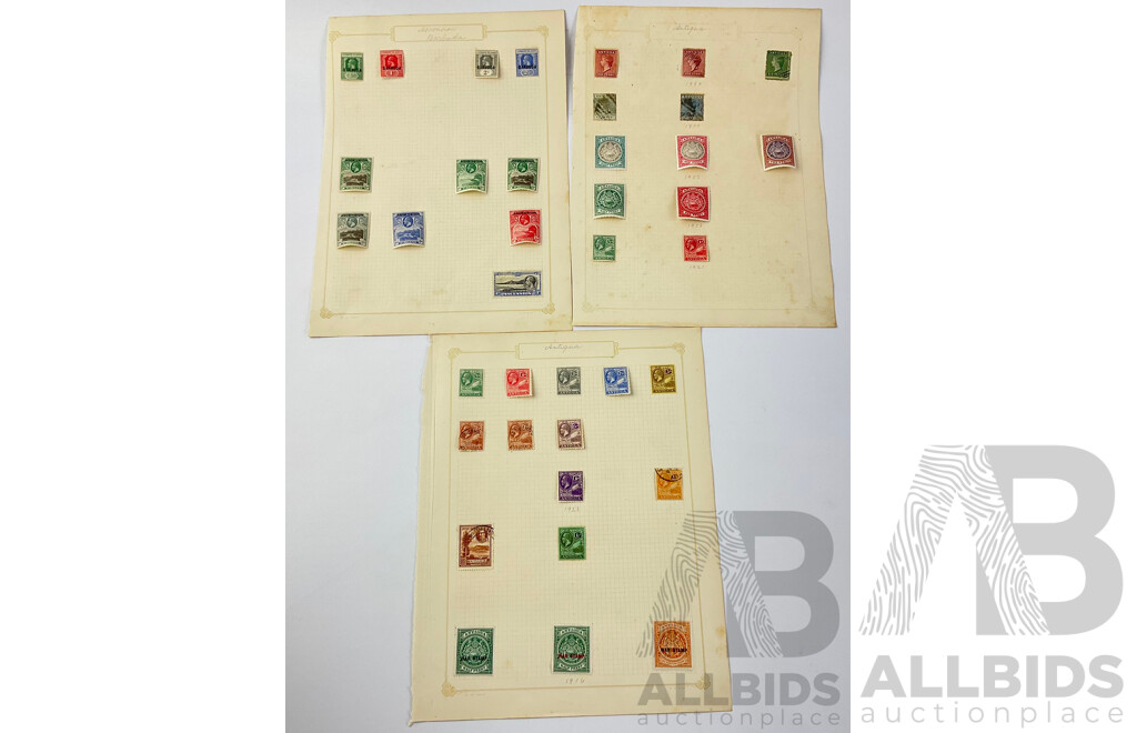 Collection of Antigua and Ascension Barbuda Antique Hinged Stamps Including QV, KGV and War Stamps