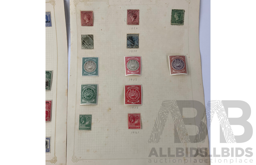 Collection of Antigua and Ascension Barbuda Antique Hinged Stamps Including QV, KGV and War Stamps