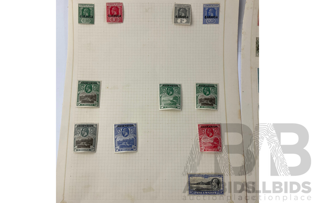 Collection of Antigua and Ascension Barbuda Antique Hinged Stamps Including QV, KGV and War Stamps