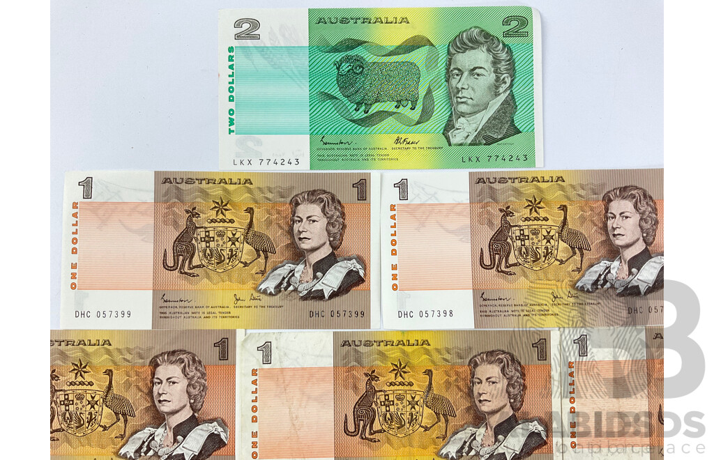 Australian 1970's and 80's One and Two Dollar Notes Including Knight/Stone, Johnston/Fraser, Johnston/Stone Consecutive DHC 057398-DHC 057399