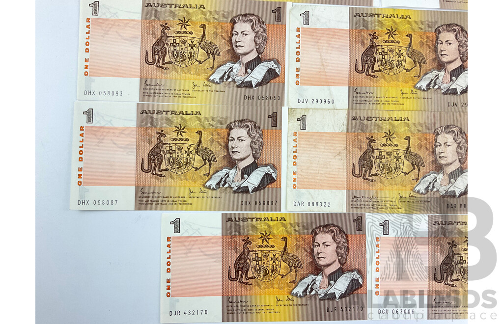 Australian 1970's and 80's One and Two Dollar Notes Including Knight/Stone, Johnston/Fraser, Johnston/Stone Consecutive DHC 057398-DHC 057399