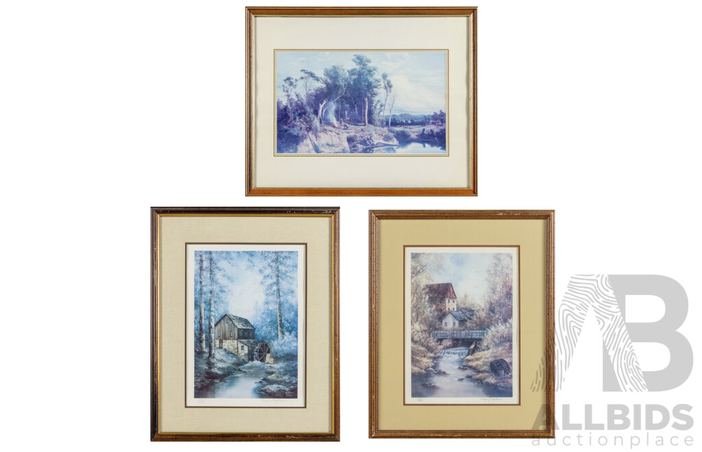 Sherry Masters, (20th Century, American), Water Wheel & the Bridge and Louis Buvelot, Winter Morning Near Heidelberg (original c1866), Trio of Reproduction Colour Prints, 55 x 45 cm (largest frames) (3)