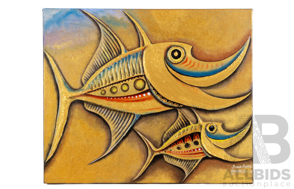 Brad Pugeva, (20th Century, Solomon Islander), Golden Fishes (2008), Original Acrylic on Canvas, 50 X 60 Cm (frame)