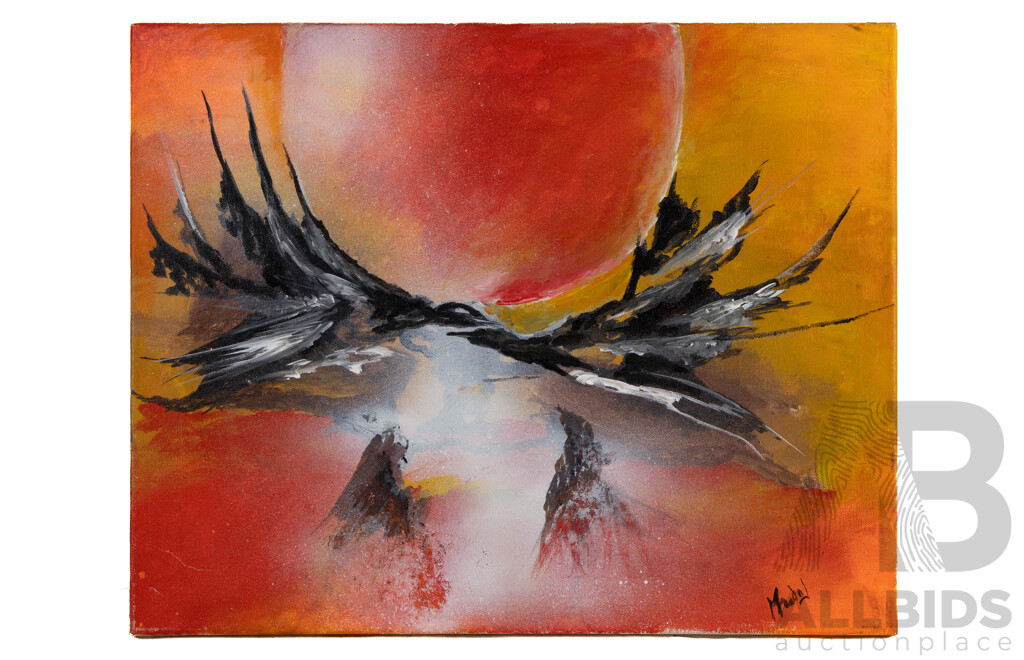 Signed Indistinctly, (20th Century), Phoenix Rising, Wonderful Original Oil on Canvas, 41 x 50 cm