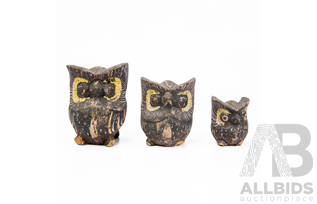 Three Antique Handmade and Hand-Painted Owl Figurines