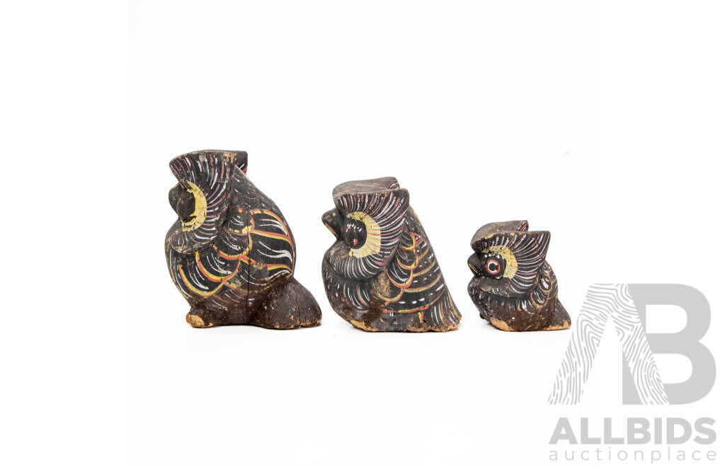 Three Antique Handmade and Hand-Painted Owl Figurines