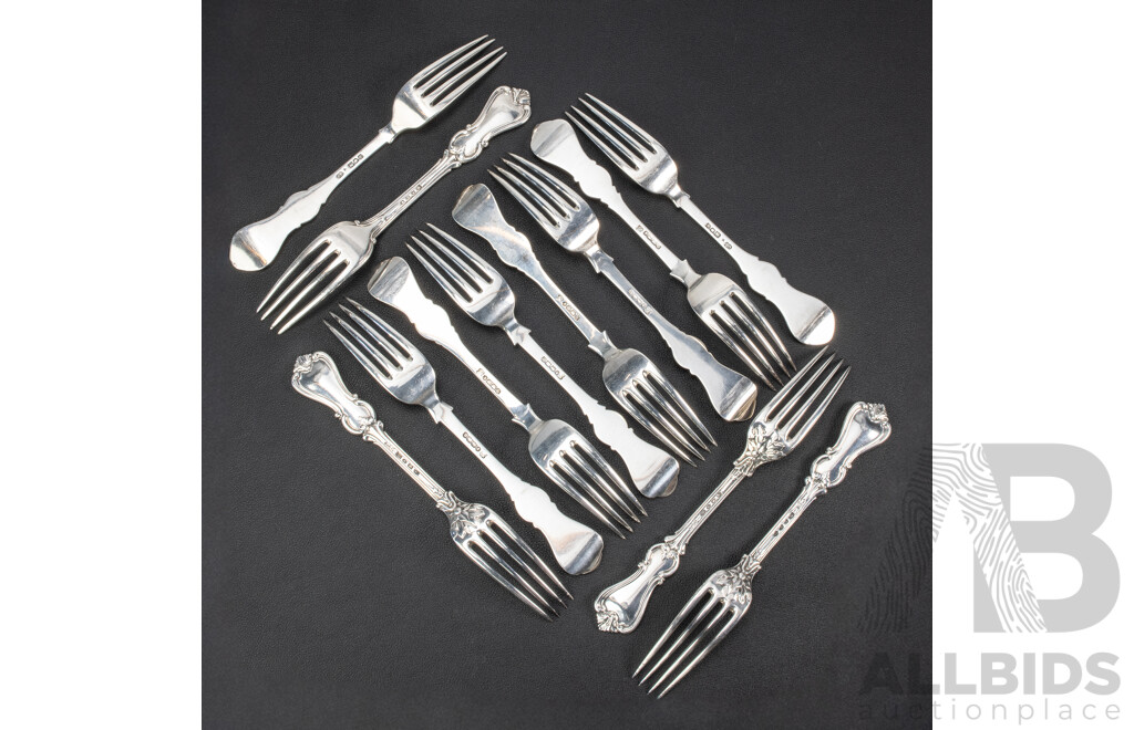 Twelve Sterling Silver Forks Including Six Josiah Williams & Co, Exeter, 1858, Two Charles Boyton, London, 1899, Four William Eaton, London, 1843