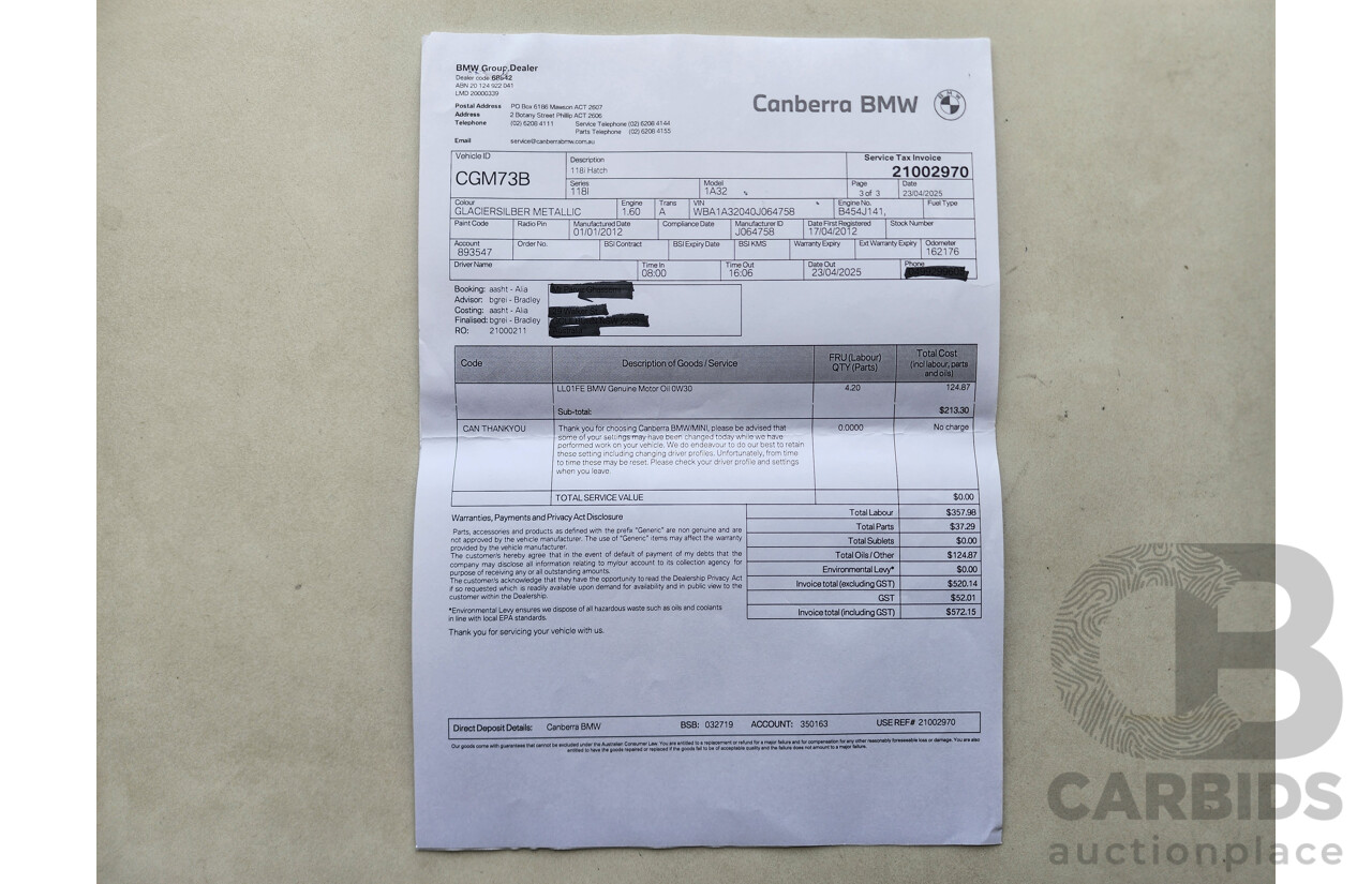 3/2012 Bmw 1 18i F20 5d Hatchback Silver 1.6L