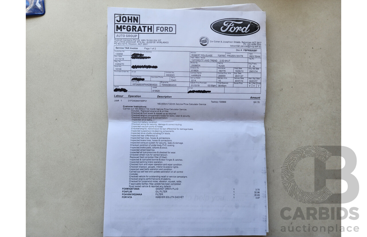 7/2013 Ford Kuga Trend (awd) TF 4d Wagon White 2.0L