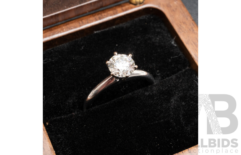 18ct White Gold Solitaire RBC Diamond Ring with Valuation & Diamond Report - Size K.5