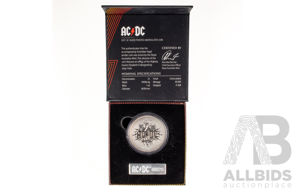 Australian RAM 2021 Silver One Dollar Frosted Coin, AC/DC .999