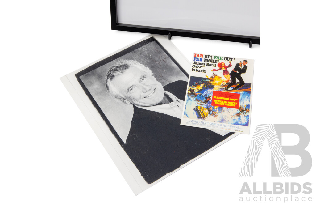 George Lazenby 007/James Bond Bundle - Includes Framed James Bond Photograph, Promotional Signed Photograph (Unframed) & on Her Majesty's Secret Service Movie Poster Postcard
