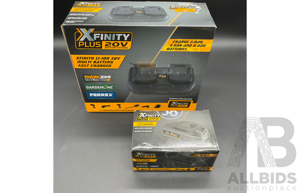 XFINITY Plus 20V Battery Charger and 2.0Ah Battery - Lot of 2