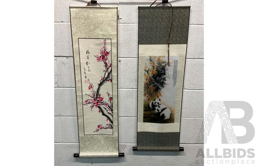 Two Chinese Culture Style Wall Art Hangings (Silk Panda Scroll & Prosperous Year Painting)