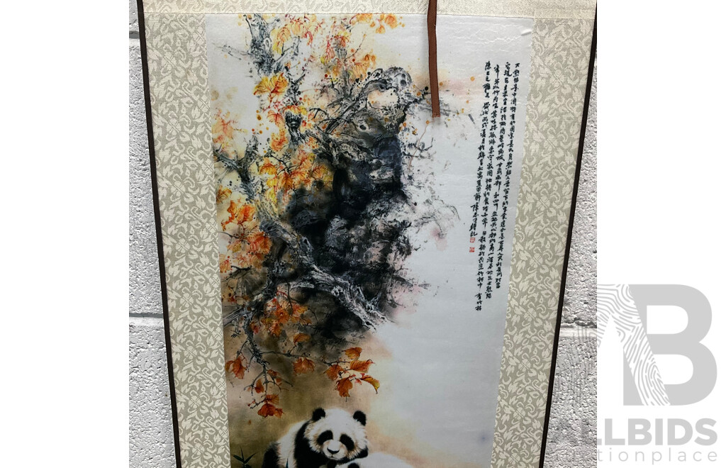 Two Chinese Culture Style Wall Art Hangings (Silk Panda Scroll & Prosperous Year Painting)